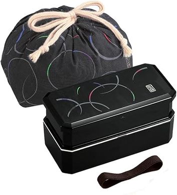 Waon Waves Black Bento Box with Chopsticks & Bag
