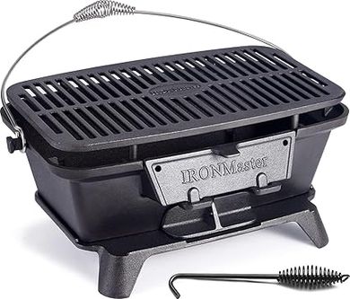 IronMaster Portable Cast Iron Hibachi Grill:  16.5" x 10.2" cooking surface, feeds 5-8.
