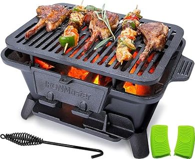 IronMaster Portable Cast Iron Hibachi Grill:  Compact, adjustable height, with air control and coal door.
