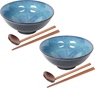 Japanese Ramen Bowl Set (2 Blue Bowls, Chopsticks & Spoons)
