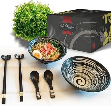 Microwave-Safe Japanese Ramen Bowl Set (8 pc Ceramic): 8" Diameter, 32oz Bowls & Chopsticks
