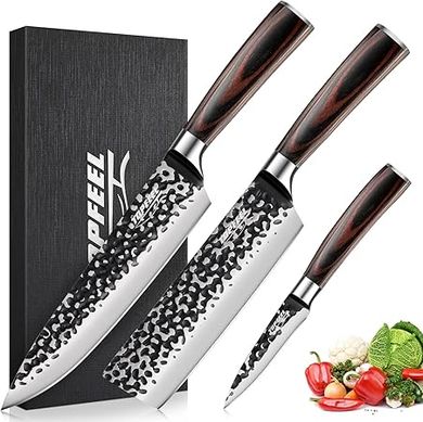 3PCS Chef Knife, Hand Forged High Carbon Stainless Steel Japanese Knife Sets, Ultra Sharp Professional Kitchen Knife Sets With Wood Ergonomic Handle