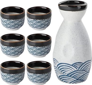 Japanese Ceramic Sake Set: 1 Bottle & 6 Cups
