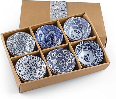 Japanese-Style Blue & White Ceramic Rice Bowls (6-Pack, 10 oz)
