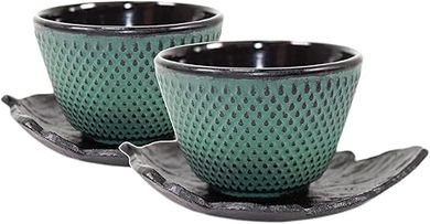 Japanese Cast Iron Teacups & Saucers (Black Leaf & Green Polka Dot)
