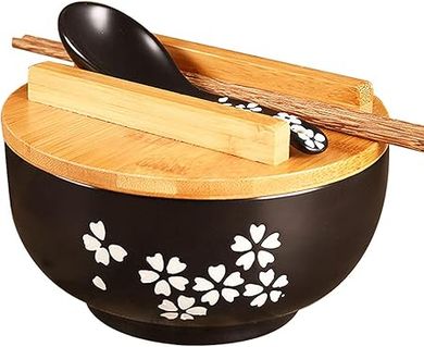 Black Ceramic Bowl Set: Japanese-style soup, rice, and noodle bowl with lid, spoon, and chopsticks.
