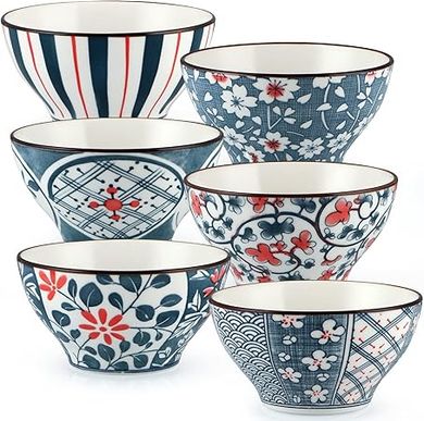 Floral Ceramic Rice Bowls: 6-Piece Japanese-Style Serving Set
