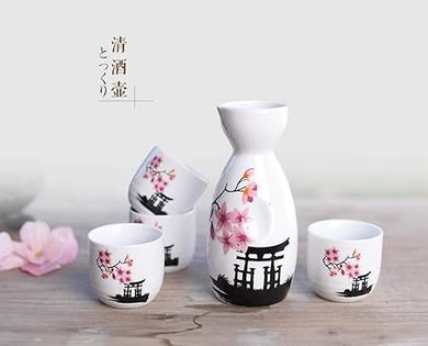 Sakura Blossom Sake Set: Tokkuri & 4 Ochoko Cups
