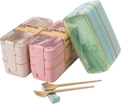 Rarapop Stackable Bento Box Set: 3 reusable compartments, spoon & fork included.
