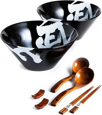 Premium Black Ceramic Ramen Bowl Set (60oz):  Includes Chopsticks, Spoons & Rests.
