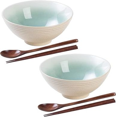 Japanese Ramen Bowl Set: 2 x 8" (40oz) Ceramic Bowls with Spoons & Chopsticks (Green)
