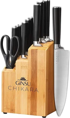 Ginsu Chikara 12-Piece Forged Japanese Knife Set: Premium 420J Stainless Steel blades with Bamboo Block.