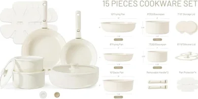 CAROTE 15-Piece Ceramic Non-Stick Cookware Set with Detachable Handles (Oven & Dishwasher Safe)